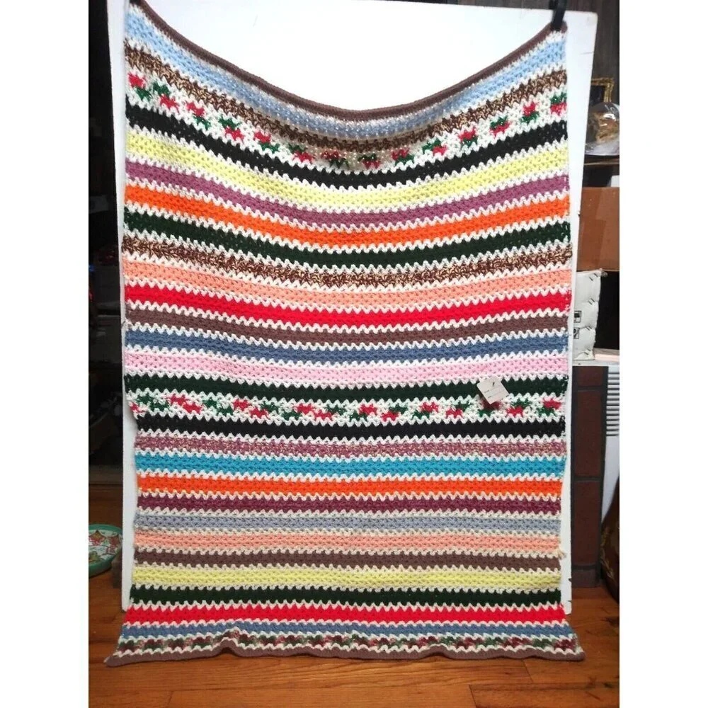 Hand Knit Afghan Fringe Multicolor Striped Throw Blanket 60.5